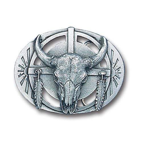 Sports Jewelry & Accessories Sports Accessories - Buffalo Skull/Feathers Antiqued Belt Buckle JM Sports-7