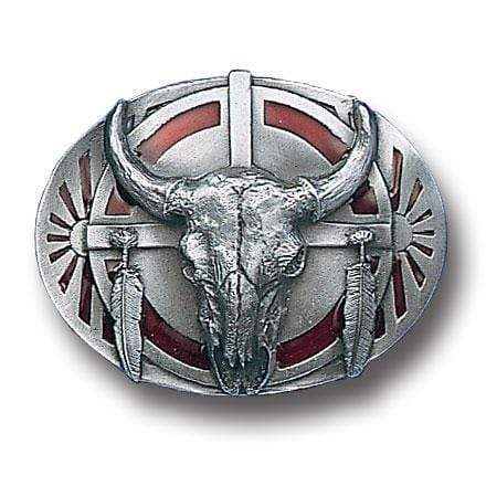 Sports Jewelry & Accessories Sports Accessories - Buffalo Skull/Feathers Enameled Belt Buckle JM Sports-7