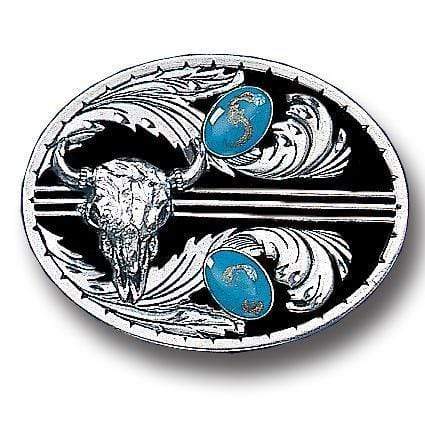 Sports Jewelry & Accessories Sports Accessories - Turquoise Stones with Buffalo Skull (Diamond Cut) Enameled Belt Buckle JM Sports-7