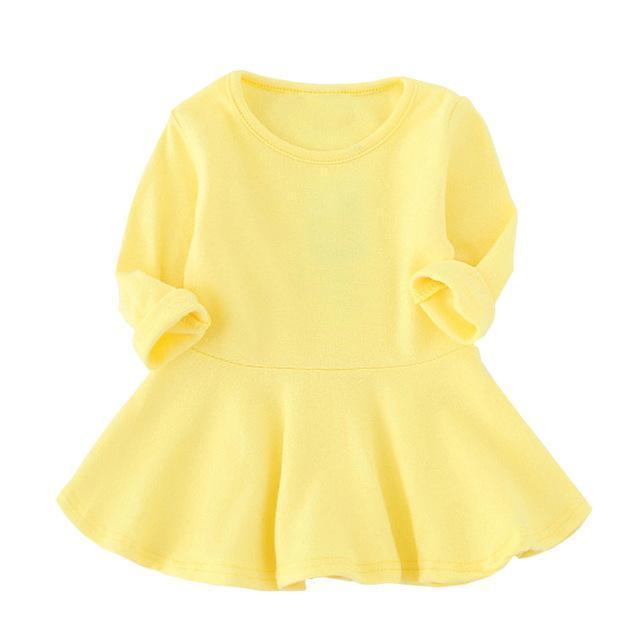 Spring Autumn Candy Color Cotton Baby Girl Dresses Long Sleeve Solid Princess Dress Bow-knot O-neck Casual Kids Pleated Dresses