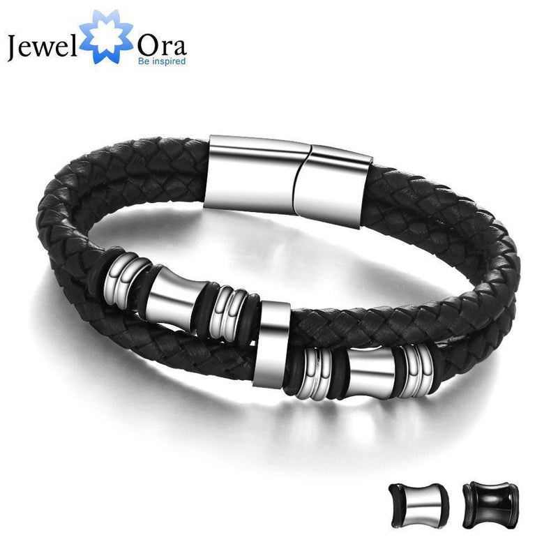 Stainless Steel Men Bracelet Genuine Leather Bracelets & Bangles Man Jewelry 185mm 200mm 215mm Gift For Men (JewelOra BA101174) AExp