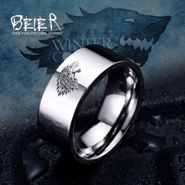 Stainless Steel ring Game of Thrones ice wolf House Stark of Winterfell men ring LUO001-6-White-JadeMoghul Inc.