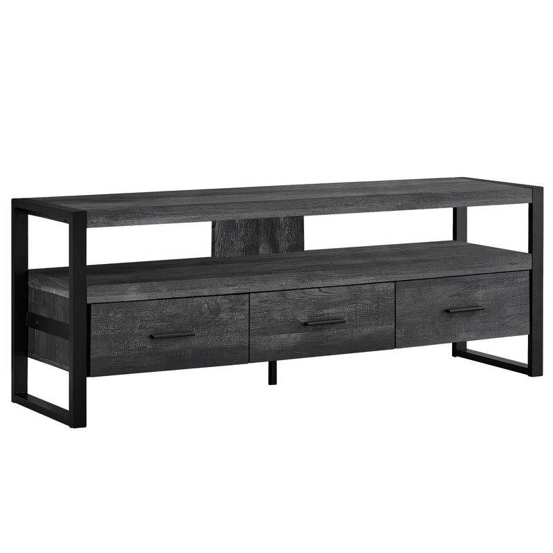 Stands Black TV Stand - 21.75" Black Particle Board, Hollow Core, & Black Metal TV Stand with 3 Drawers HomeRoots