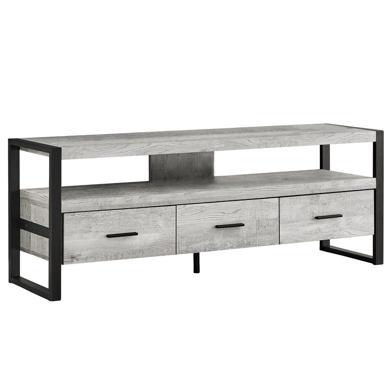 Stands Black TV Stand - 21.75" Grey Particle Board, Hollow Core, & Black Metal TV Stand with 3 Drawers HomeRoots