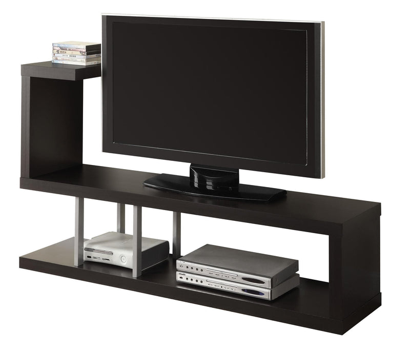 Stands Modern TV Stand - 35.25" Cappuccino Particle Board, Hollow Core, and Silver Metal TV Stand HomeRoots