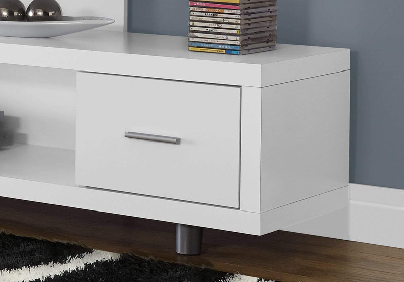 Stands White TV Stand - 15'.75" x 60" x 24" White, Silver, Particle Board, Hollow-Core, Metal - TV Stand with a Drawer HomeRoots