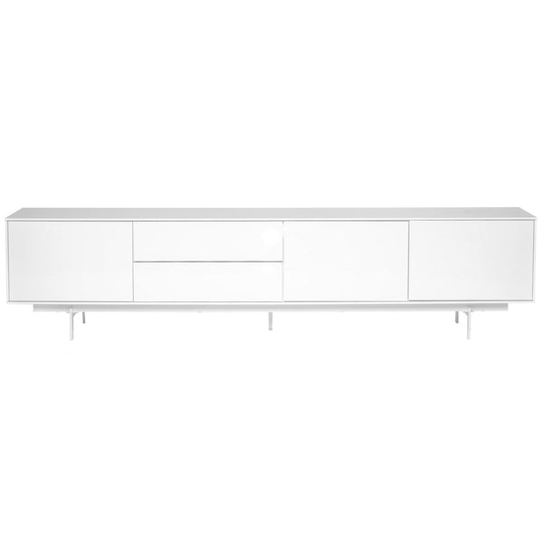 White TV Stand - 82.09" X 17.72" X 19.69" Media Stand in High Gloss White Lacquer with White Steel Base