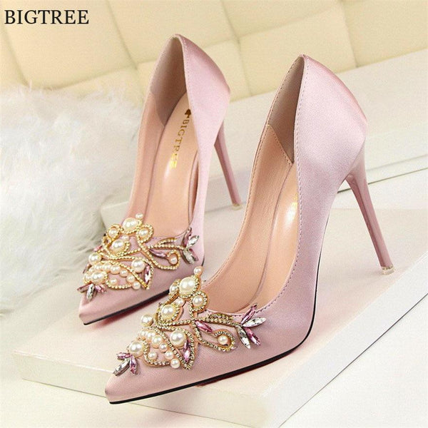Star Style Women Fashion Pearl Crystal High Heels Shoes 2018 New Women's Sexy Pointed Toe Shallow Solid Silk Elegant Party Shoes JadeMoghul Inc. 