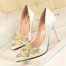 Star Style Women Fashion Pearl Crystal High Heels Shoes 2018 New Women's Sexy Pointed Toe Shallow Solid Silk Elegant Party Shoes JadeMoghul Inc. 
