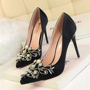 Star Style Women Fashion Pearl Crystal High Heels Shoes 2018 New Women's Sexy Pointed Toe Shallow Solid Silk Elegant Party Shoes JadeMoghul Inc. 