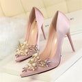 Star Style Women Fashion Pearl Crystal High Heels Shoes 2018 New Women's Sexy Pointed Toe Shallow Solid Silk Elegant Party Shoes