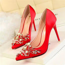 Star Style Women Fashion Pearl Crystal High Heels Shoes 2018 New Women's Sexy Pointed Toe Shallow Solid Silk Elegant Party Shoes JadeMoghul Inc. 