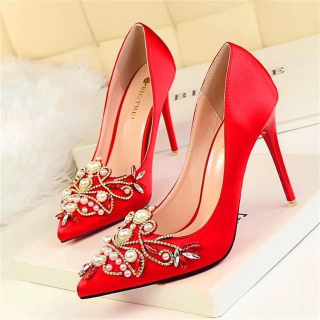 Star Style Women Fashion Pearl Crystal High Heels Shoes 2018 New Women's Sexy Pointed Toe Shallow Solid Silk Elegant Party Shoes JadeMoghul Inc. 
