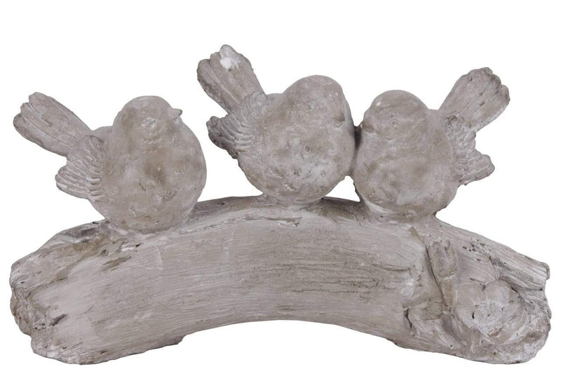 Three Bird Figurines Sitting On Branch In Concrete Finish, Gray