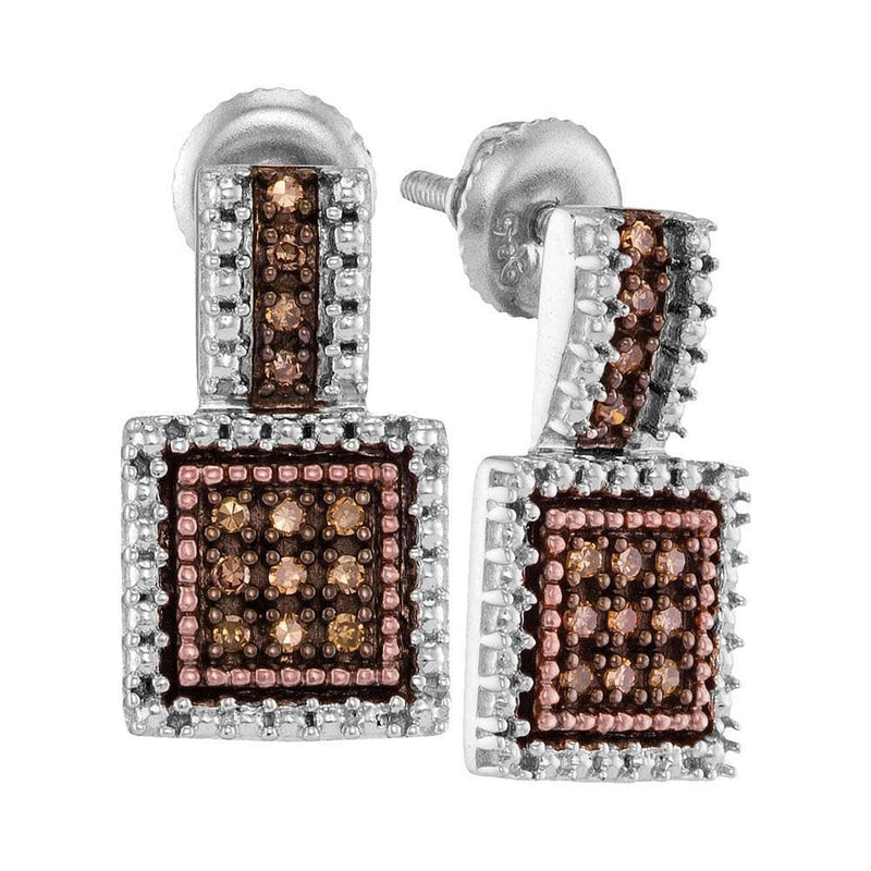 Sterling Silver G&D Sterling Silver Women's Round Cognac-brown Color Enhanced Diamond Square Cluster Earrings 1-5 Cttw - FREE Shipping (US/CAN) JadeMoghul
