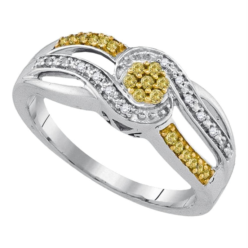 Sterling Silver G&D Sterling Silver Women's Round Yellow Color Enhanced Diamond Swirl Cluster Ring 1-5 Cttw - FREE Shipping (USA/CAN) JadeMoghul