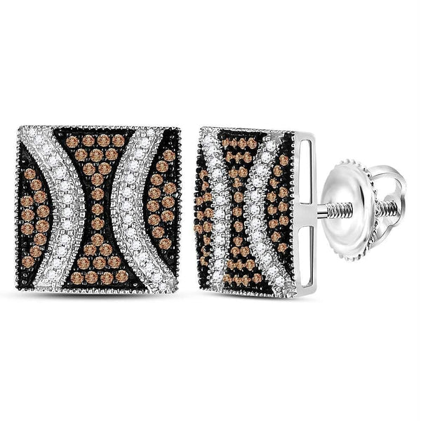 Sterling Silver G&D Sterling Silver Womens Round Brown Color Enhanced Diamond Square Cluster Earrings 1-2 Cttw JadeMoghul Inc. 