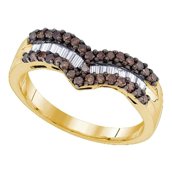 Yellow-tone Sterling Silver Women's Round Cognac-brown Color Enhanced Diamond Chevron Band Ring 1-2 Cttw - FREE Shipping (US/CAN)