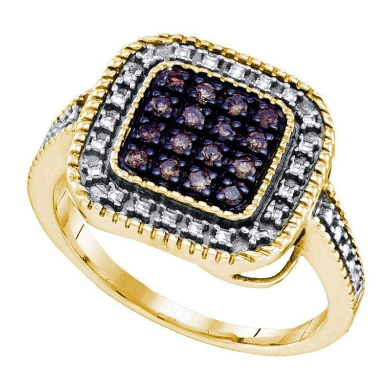 Yellow-tone Sterling Silver Women's Round Cognac-brown Color Enhanced Diamond Square Cluster Ring 1-5 Cttw - FREE Shipping (USA/CAN)