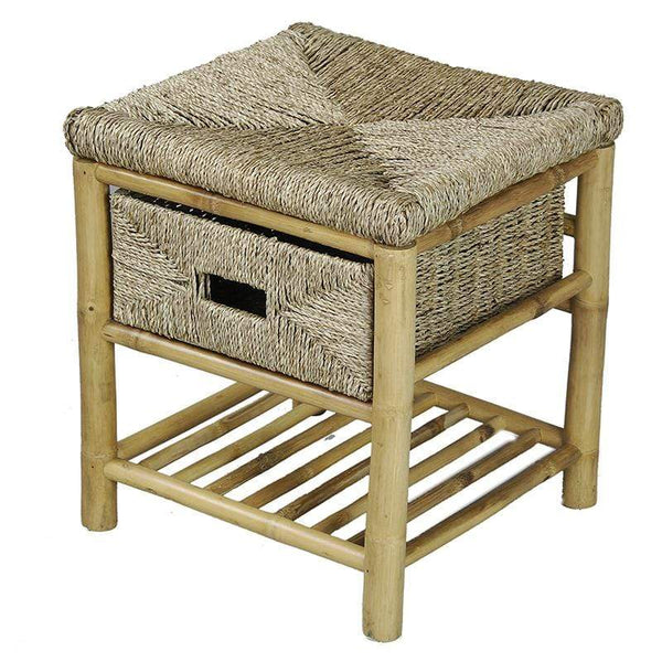 Stools Vanity Stool - 17" X 16" X 18" Natural Bamboo Frame Storage Stool with a Shelf and a Basket HomeRoots