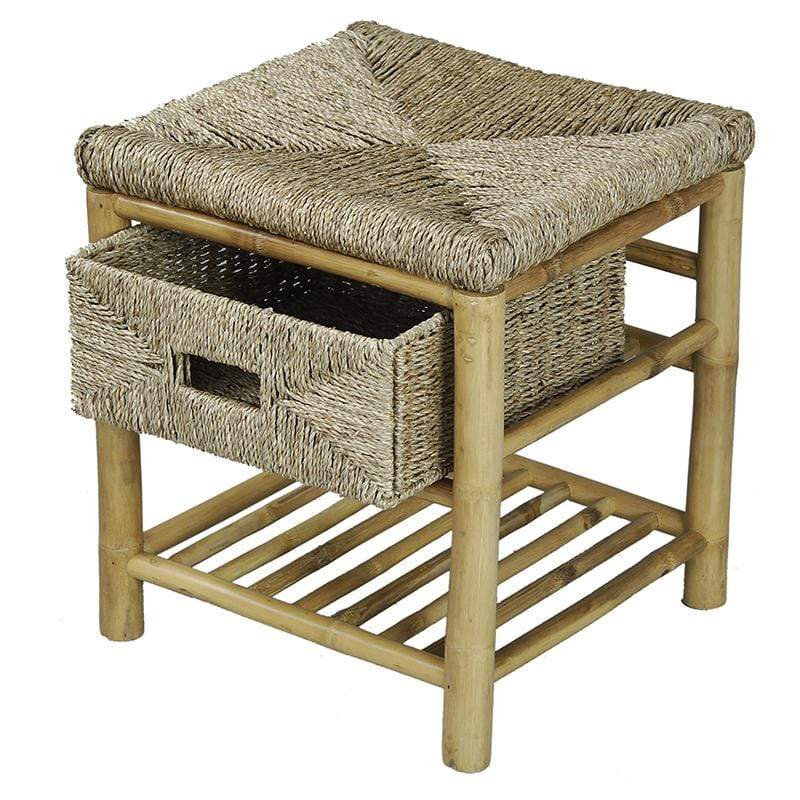 Stools Vanity Stool - 17" X 16" X 18" Natural Bamboo Frame Storage Stool with a Shelf and a Basket HomeRoots