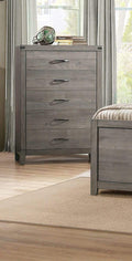 Storage Chests Roomy 5 Drawer Wooden Chest With Metal Handles, Weathered Gray Benzara