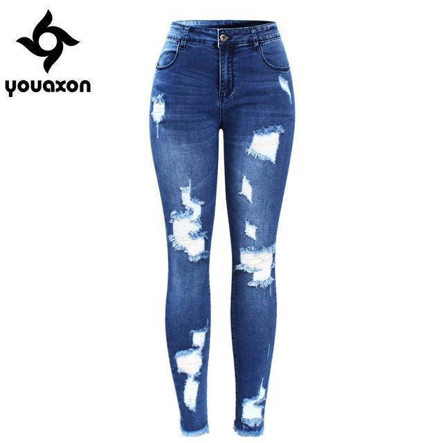 Stretchy Blue Ripped Skinny Jeans-blue-S-JadeMoghul Inc.