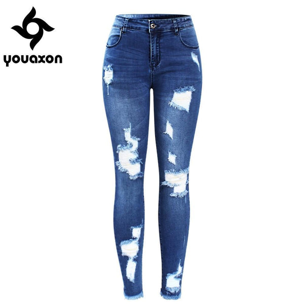 Stretchy Blue Ripped Skinny Jeans-blue-S-JadeMoghul Inc.