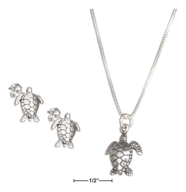 Stud Sets Sterling Silver 18" Turtle Pendant Necklace With Turtle Earrings Set JadeMoghul Inc.