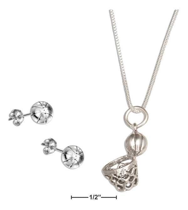 Stud Sets Sterling Silver Studs:  18" Hoop & Basketball Pendant Necklace With Basketball Earrings Set JadeMoghul Inc.