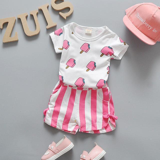 Summer  Girls 100% Cotton Ice Cream Printed T-shirt And Shorts Set