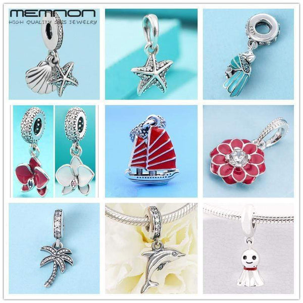 Summer Orchid Palm Tree Tropical Starfish Dangle charms 925 sterling silver enamel parrot fit bracelet necklace pendant DIY