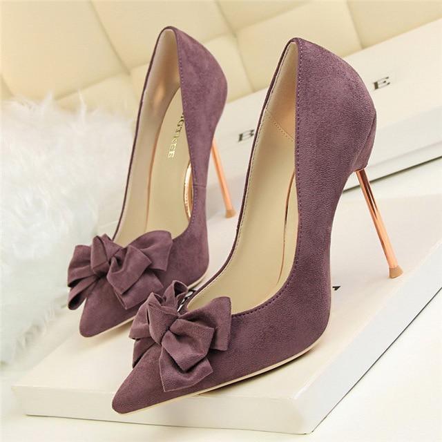 Sweet Bowtie Shallow OL Office Shoes 2018 New Arrival Autumn Women's Fashion Solid Flock Pointed Toe High Heels Shoes for Women