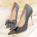 Sweet Bowtie Shallow OL Office Shoes 2018 New Arrival Autumn Women's Fashion Solid Flock Pointed Toe High Heels Shoes for Women