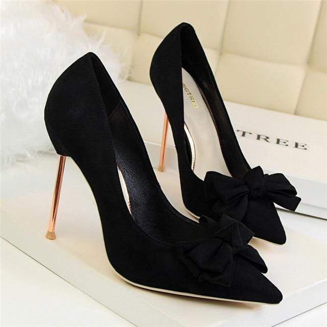 Sweet Bowtie Shallow OL Office Shoes 2018 New Arrival Autumn Women's Fashion Solid Flock Pointed Toe High Heels Shoes for Women JadeMoghul Inc. 