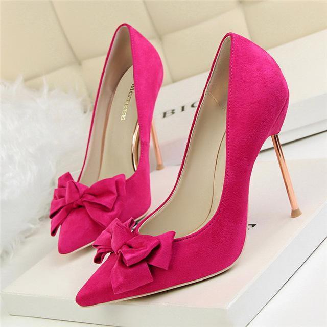 Sweet Bowtie Shallow OL Office Shoes 2018 New Arrival Autumn Women's Fashion Solid Flock Pointed Toe High Heels Shoes for Women