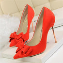 Sweet Bowtie Shallow OL Office Shoes 2018 New Arrival Autumn Women's Fashion Solid Flock Pointed Toe High Heels Shoes for Women