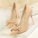 Sweet Bowtie Shallow OL Office Shoes 2018 New Arrival Autumn Women's Fashion Solid Flock Pointed Toe High Heels Shoes for Women