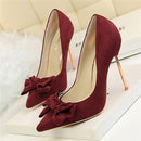 Sweet Bowtie Shallow OL Office Shoes 2018 New Arrival Autumn Women's Fashion Solid Flock Pointed Toe High Heels Shoes for Women JadeMoghul Inc. 