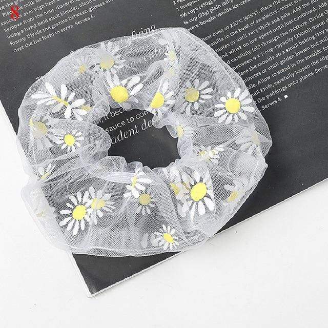 Sweet Embroidery Flowers Mesh Scrunchies Women Romantic Pink Blue Hair Rope Transparent Tulle Organza Hair Ties Hair Accessories AExp
