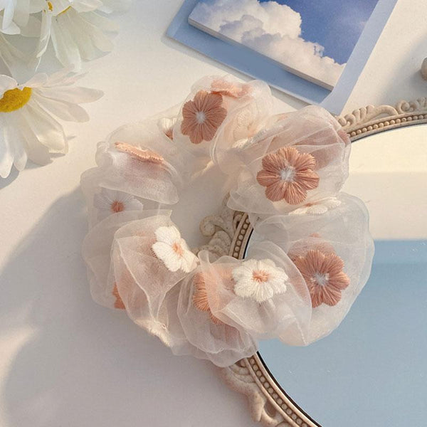 Sweet Embroidery Flowers Mesh Scrunchies Women Romantic Pink Blue Hair Rope Transparent Tulle Organza Hair Ties Hair Accessories AExp