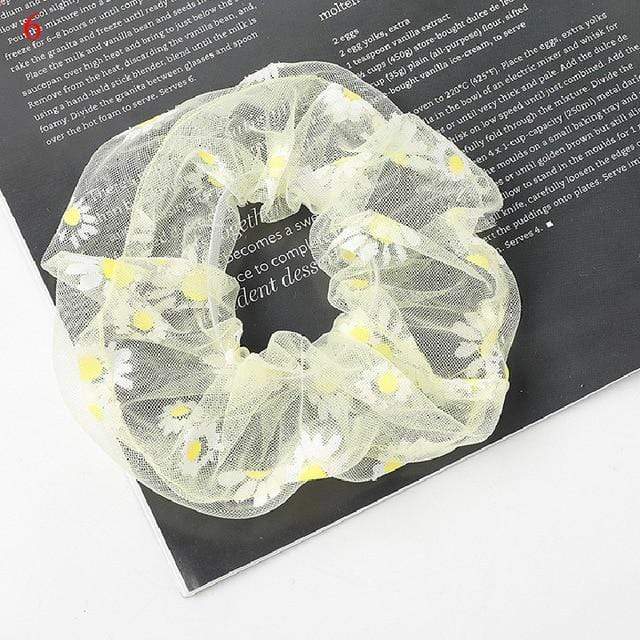 Sweet Embroidery Flowers Mesh Scrunchies Women Romantic Pink Blue Hair Rope Transparent Tulle Organza Hair Ties Hair Accessories AExp