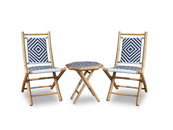 Tables Bamboo Table - 42" X 12" X 21" Natural/Navy Blue & White Bamboo Outdoor Conversation Set of Chairs and a Table HomeRoots