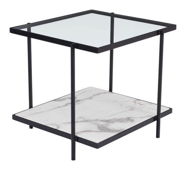 Tables Black End Tables - 24" x 22" x 22" Clear, White & Matte Black, Tempered Glass, Faux Marble, Steel, End Table HomeRoots