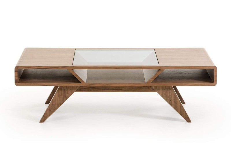 Tables Coffee Tables - 15" Walnut Wood, Veneer, and Glass Coffee Table HomeRoots