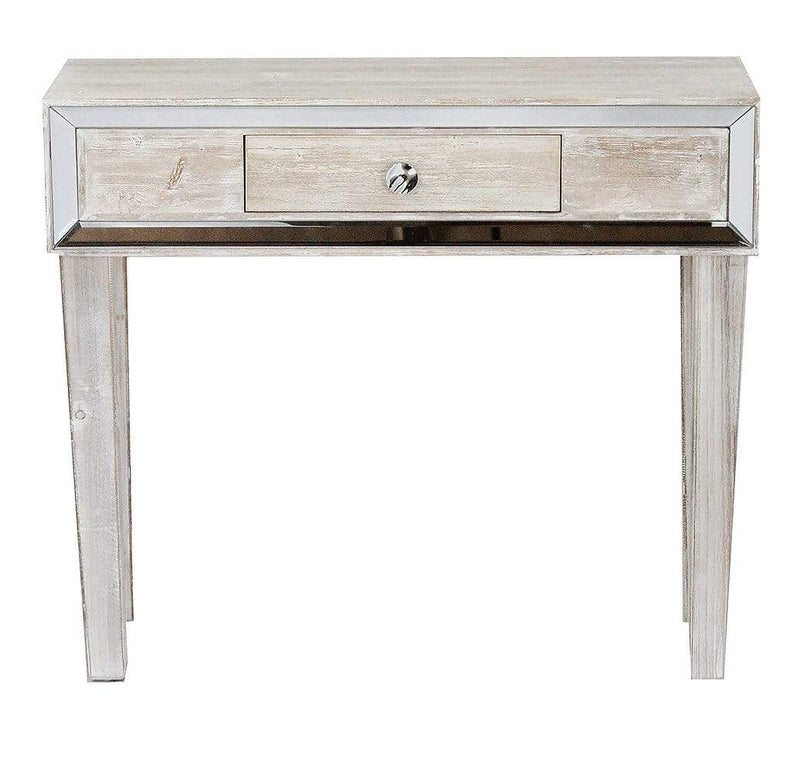 Tables Console Table with Drawers - 35'.5" X 13" X 31" White Washed MDF, Wood, Mirrored Glass Console Table with a Drawer and Framed with Mirror Accents HomeRoots