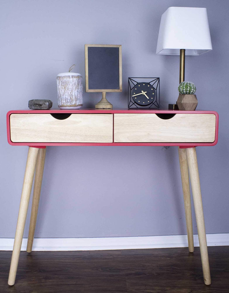 Tables Console Table with Drawers - 38'.5" X 9" X 17" Red MDF, Wood Console Table with Drawers HomeRoots