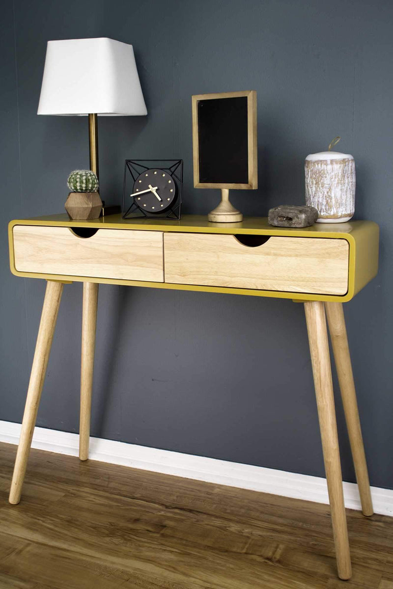 Tables Console Table with Drawers - 38'.5" X 9" X 17" Yellow MDF, Wood Console Table with Drawers HomeRoots