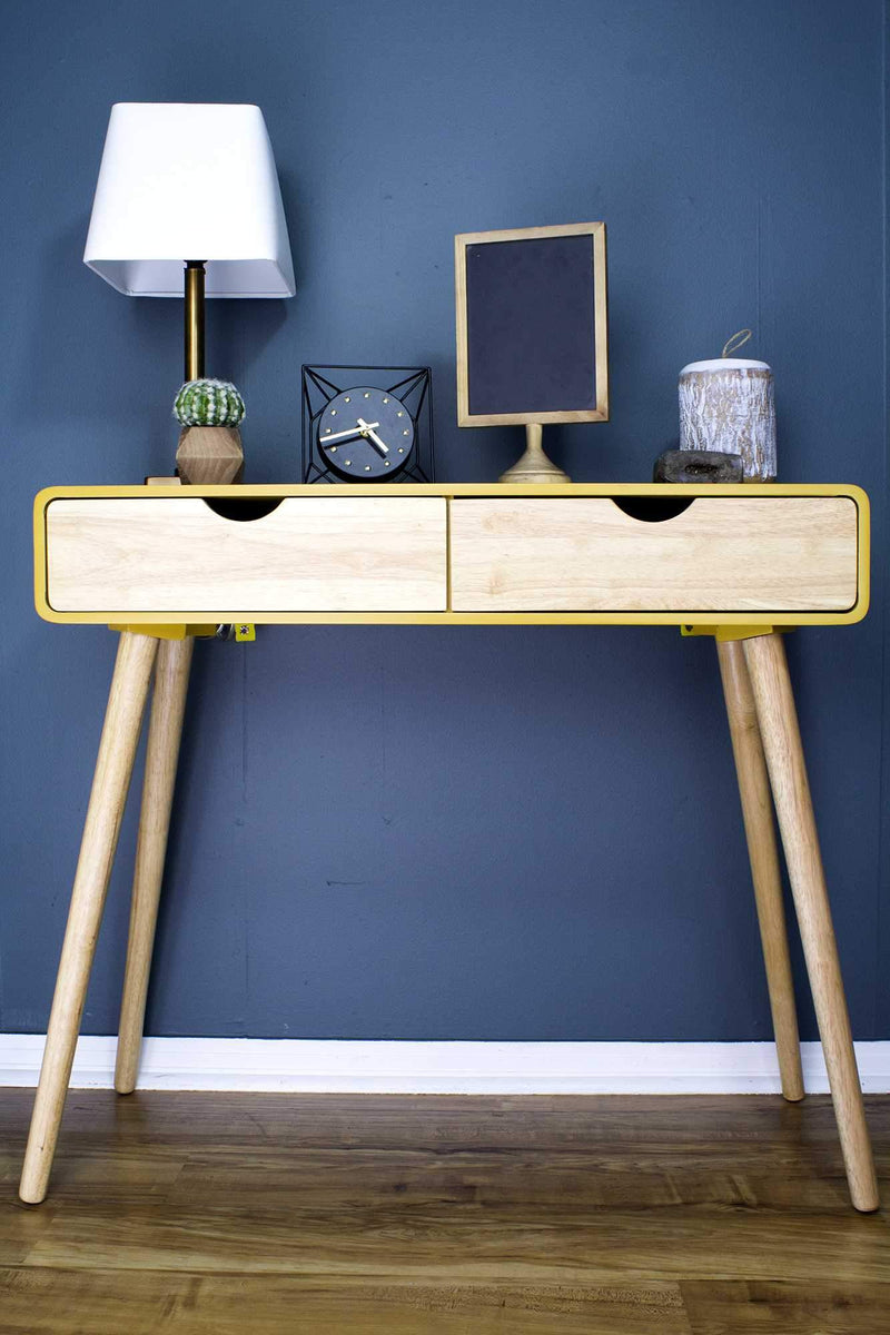 Tables Console Table with Drawers - 38'.5" X 9" X 17" Yellow MDF, Wood Console Table with Drawers HomeRoots