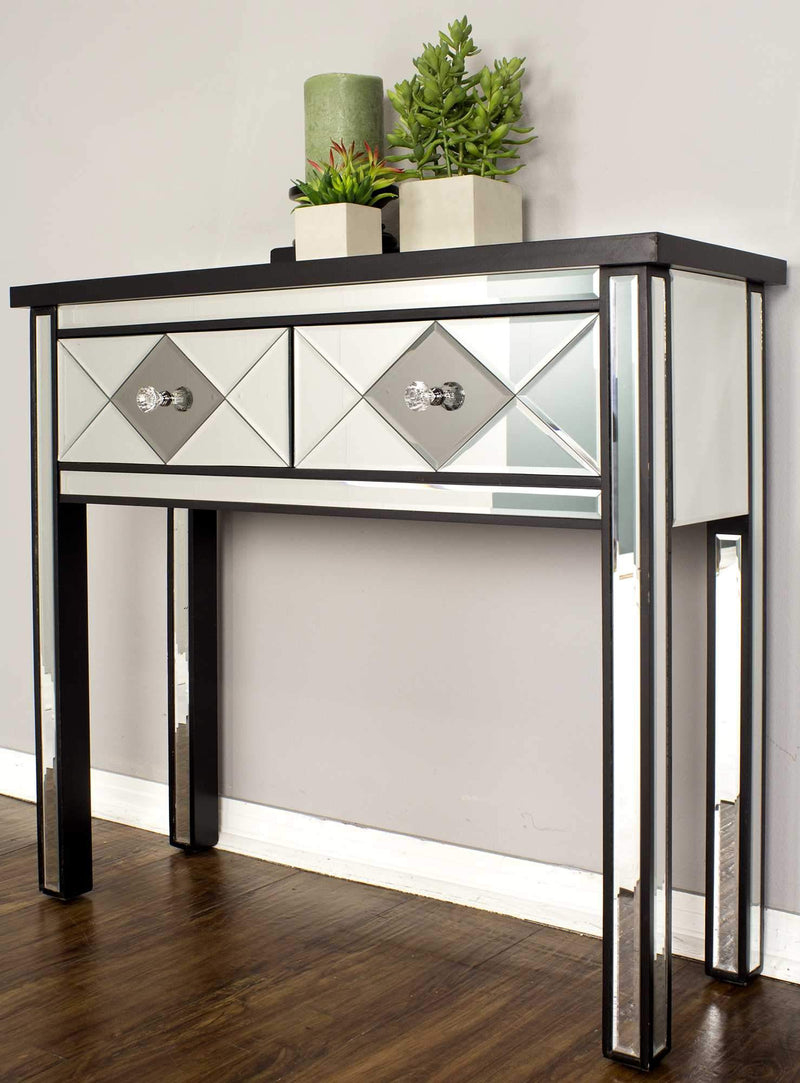 Tables Console Table with Drawers - 41" X 18" X 22" Black MDF, Wood, Mirrored Glass Console Table with Drawers HomeRoots